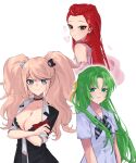  3girls bare_shoulders bear_hair_ornament black_eyes black_necktie black_shirt braid breasts character_request cleavage collarbone copyright_request crossed_arms danganronpa:_trigger_happy_havoc danganronpa_(series) enoshima_junko green_eyes green_hair grey_necktie hair_ornament heart highres higurashi_no_naku_koro_ni hy_(fjvlg) large_breasts long_hair multiple_girls nail_polish neckerchief necktie parted_bangs red_hair red_nails shiny_skin shirt short_sleeves smile sonozaki_shion striped_neckerchief twintails upper_body white_shirt 