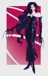  1girl bare_shoulders black_dress black_gloves black_hair black_lips breasts cleavage dress elbow_gloves english_commentary full_body fullmetal_alchemist gloves high_heels highres long_dress long_hair looking_to_the_side lust_(fma) ouroboros parted_lips rougeist smile solo standing strapless strapless_dress tattoo very_long_fingernails very_long_hair 