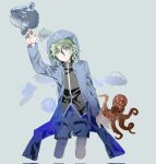 1other aaayamitsu arm_up black_shirt blue_jacket blue_shorts cropped_legs expressionless fish green_eyes green_hair grey_background hair_between_eyes highres hood hood_up hooded_jacket jacket jellyfish len'en long_sleeves looking_at_viewer ocean_sunfish octopus open_clothes open_jacket shirt shitodo_aoji shorts simple_background solo turtleneck turtleneck_shirt 