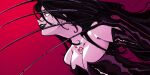  1girl black_dress black_gloves black_hair black_lips breasts cleavage dress elbow_gloves from_side fullmetal_alchemist gloves highres long_hair lust_(fma) ouroboros red_background rougeist solo strapless strapless_dress tattoo upper_body very_long_fingernails 