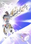  absurdres alphamon armor black_armor black_helmet blue_background dazz_(daito) digimon digimon_(creature) dorumon evolutionary_line forehead_jewel helmet highres knight sample_watermark sharp_teeth solo_focus teeth watermark yellow_eyes 