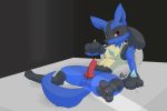  2019 3_fingers 3_toes anthro bed blue_fur canid canine erection fur looking_at_viewer lucario male mammal nintendo penis pok&eacute;mon pok&eacute;mon_(species) precum red_eyes smile solo spread_legs spreading toes video_games vswitch 