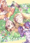  1boy 1girl absurdres amai_shirou blonde_hair brown_eyes brown_hair closed_eyes closed_mouth collared_shirt flower french_text highres holding holding_flower kasugano_urara_(yes!_precure_5) l&#039;ecole_des_cinq_lumieres_school_uniform lemone_cure light_blush light_smile long_hair long_sleeves looking_at_another lying necktie on_grass open_mouth orange_shirt precure red_necktie sample_watermark school_uniform shirt short_hair smile sunlight translation_request twintails watermark yes!_precure_5 yes!_precure_5_gogo! 