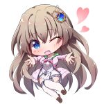  1girl 9-nine- ;d belt blue_eyes blush bow bowtie brown_hair brown_shoes cardigan chibi chibi_only commentary_request dress eyes_visible_through_hair gabanborjarnon gear_hair_ornament grey_belt hair_between_eyes hair_ornament happy heart highres kujou_miyako loafers long_hair looking_at_viewer one_eye_closed open_cardigan open_clothes open_mouth outstretched_arms outstretched_hand pink_bow pink_bowtie pink_cardigan pleated_dress school_uniform shoes short_dress simple_background sleeves_past_wrists smile solo star_(symbol) star_print tareme teeth thighhighs upper_teeth_only very_long_hair white_background white_dress white_thighhighs wing_hair_ornament zettai_ryouiki 