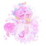  1girl barefoot blue_flower blue_rose blush butterfly_wings circlet colored_skin cookie_run cookie_run:_kingdom dress eternal_sugar_cookie eyelashes flower full_body gem head_wreath heart-shaped_gem holding holding_instrument holding_lyre insect_wings instrument leaf long_hair looking_at_viewer lyre open_mouth petals pink_flower pink_gemstone pink_hair pink_skin pink_sky puffy_short_sleeves puffy_sleeves reed rose short_sleeves simple_background sitting sky smile solo transparent_wings very_long_hair wavy_hair white_background white_dress white_eyeshadow wings yellow_flower yellow_rose 