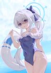  1girl absurdres blue_archive blue_halo blue_one-piece_swimsuit casual_one-piece_swimsuit chinese_commentary commentary_request covered_navel cowboy_shot frilled_one-piece_swimsuit frills halo highres long_hair looking_at_viewer miyako_(blue_archive) miyako_(swimsuit)_(blue_archive) off-shoulder_one-piece_swimsuit off_shoulder official_alternate_costume one-piece_swimsuit ponytail purple_eyes shaded_face solo swimsuit two-tone_one-piece_swimsuit user_xuzp4842 white_hair white_innertube 