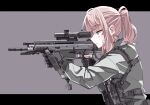  1girl aiming air_glen bandaid bandaid_on_cheek bandaid_on_face battle_rifle black_gloves brown_eyes bulletproof_vest earpiece fang finger_on_trigger fn_scar_17 from_side gloves grey_background grey_jacket gun highres jacket letterboxed medium_hair original partially_fingerless_gloves pink_hair ponytail rifle scope sidelocks simple_background skin_fang solo tactical_clothes upper_body weapon 