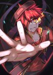  1boy asagaki_togo bandai black_background blood blood_on_face cowboy_shot fire henshin highres jacket male_focus one_eye_covered open_clothes open_jacket oversized_object reaching reaching_towards_viewer red_eyes red_hair red_jacket red_shirt sentai_red_ga_isekai_de_boukensha_ni_naru shirt short_hair signature solo tokusatsu yanagimachi 