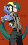  2girls :o betti_(xx_betti) black_eyes black_gloves black_hair black_necktie brown_shirt carrying carrying_person closed_mouth dress gloves green_hair hair_over_one_eye hand_in_pocket highres long_hair long_sleeves looking_at_viewer multiple_girls necktie open_mouth pokemon pokemon_sv ponytail poppy_(pokemon) purple_dress red_background red_eyes rika_(pokemon) shirt short_hair smile suspenders very_long_hair 