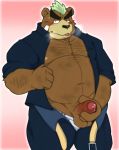  2019 anthro ashigara balls belly blush brown_fur clothed clothing cum fur goujuyu humanoid_hands male mammal mohawk moobs navel nipples open_shirt overweight overweight_male pants penis pink_background shirt simple_background solo tokyo_afterschool_summoners tongue tongue_out underwear ursine video_games 