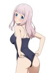  1girl absurdres adjusting_clothes adjusting_swimsuit ass black_one-piece_swimsuit blue_eyes blush breasts commentary coro_fae cowboy_shot english_commentary from_behind fujiwara_chika highres kaguya-sama_wa_kokurasetai_~tensai-tachi_no_renai_zunousen~ large_breasts long_hair looking_at_viewer looking_back no_hair_bow one-piece_swimsuit open_mouth parted_lips pink_hair school_swimsuit simple_background solo standing straight_hair sweat swimsuit turning_head white_background 