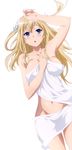  :o absurdres amagi_brilliant_park armpits bangs bed_sheet blonde_hair blue_eyes blue_ribbon blush breasts collarbone covering cowboy_shot eyebrows_visible_through_hair fujita_haruka groin hair_between_eyes hair_ribbon hand_on_forehead hand_up highres large_breasts long_hair looking_at_viewer looking_away lying naked_sheet navel on_back ribbon simple_background solo sylphy_(amaburi) two_side_up white_background 