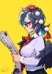  1girl bird_wings black_hair black_wings breasts carte collared_shirt commentary glasses hat highres holding holding_newspaper large_breasts long_sleeves necktie newspaper pinstripe_pattern pinstripe_shirt pointy_ears pom_pom_(clothes) reading red_hat red_necktie shameimaru_aya shirt short_hair skirt solo striped_clothes striped_shirt tengu tokin_hat touhou vertical-striped_clothes vertical-striped_shirt wings 