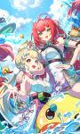  2girls absurdres ahoge alice_thymefield alice_thymefield_(sea_of_thyme) animal_ears arm_ribbon armpits bangboo_(zenless_zone_zero) bare_shoulders blonde_hair braid breasts bupa_chila camera choker cleavage day eyewear_on_head green_eyes hand_on_own_hip heart heart-shaped_eyewear highres kamanosuke_(zenless_zone_zero) large_breasts long_hair looking_at_viewer low_twintails medium_breasts multiple_girls official_alternate_costume one-piece_swimsuit open_mouth orange_eyes outdoors pink_one-piece_swimsuit rabbit_ears red_hair ribbon smile sunglasses swimsuit twintails two-tone_swimsuit ukinami_yuzuha ukinami_yuzuha_(tanuki_in_broad_daylight) v-shaped_eyebrows very_long_hair white_choker white_one-piece_swimsuit zenless_zone_zero 