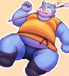  2019 anthro belly blue_fur boar clothed clothing dragon_quest fur humanoid_hands lako male mammal orc_(dragon_quest) orc_king_(dragon_quest) overweight overweight_male porcine shirt simple_background solo square_enix tusks underwear video_games 