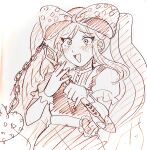  1girl absurdres blush bow dress flail greyscale hair_bow highres holding_flail long_hair momohikino monochrome omori open_mouth polka_dot polka_dot_bow puffy_short_sleeves puffy_sleeves short_sleeves simple_background solo sweetheart_(omori) traditional_media twintails upper_body weapon 