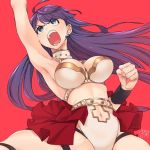  1girl arm_up armpits artist_name bikini blue_eyes breasts cleavage clenched_hand commentary droplet earrings eyebrows_visible_through_hair fate/grand_order fate_(series) frown jewelry kari_okome large_breasts long_hair looking_up navel navel_cutout open_mouth pulled_by_self punching purple_hair red_background red_skirt saint_martha saint_martha_(swimsuit_ruler)_(fate) signature simple_background skirt solo sparkle spread_legs standing sweatdrop swimsuit thigh_strap v-shaped_eyebrows white_bikini wristband 