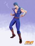  1boy absurdres anime_coloring arm_wrap armor belt big_dipper blue_eyes blue_hair blue_jacket blue_pants boots brown_belt brown_boots clenched_hand english_commentary full_body hachuart highres hokuto_no_ken jacket kenshiro logo male_focus manly muscular muscular_male pants pauldrons pectorals scar scar_on_chest shoulder_armor single_bracer single_pauldron sleeveless sleeveless_jacket solo sparkle standing 