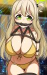  1girl arms_behind_back bikini blonde_hair blue_archive bound bound_arms bound_legs breast_bondage breasts flower front-tie_bikini_top front-tie_top gagged green_eyes green_halo halo hat hat_flower highres huge_breasts long_hair nonomi_(blue_archive) nonomi_(swimsuit)_(blue_archive) official_alternate_costume one_side_up rope rope_gag side-tie_bikini_bottom solo string_bikini swimsuit very_long_hair yasume_yukito yellow_bikini 