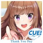  1girl akagawa_chisa blush brown_hair collarbone copyright_logo cue! d: index_finger_raised indoors lips long_hair long_sleeves looking_at_viewer official_art open_mouth outstretched_arm pink_shirt pointing pointing_at_viewer portrait purple_eyes reaching reaching_towards_viewer shirako_miso shirt smile solo teeth thank_you tsurime 