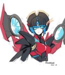  1girl airplane_wing azuredawn40 blue_eyes breasts highres humanoid_robot mechanical_wings medium_breasts metal_skin red_lips robot robot_girl simple_background solo transformers white_background windblade wings 