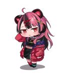  1girl :3 ahoge animal_ears artist_collaboration bang_dream! bang_dream!_mugendai_mewtype black_hair black_shirt black_skirt blush chibi chibi_only closed_mouth commentary_request fake_animal_ears hair_ornament hairclip headphones highres jacket kanade_(kanade_3344) long_hair mugendai_mewtype off_shoulder peke_(pekeiscat) pink_hair red_eyes red_jacket sengoku_yuno shirt simple_background skirt solo virtual_youtuber white_background 
