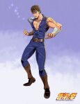  1boy absurdres anime_coloring arm_wrap armor belt big_dipper blue_jacket blue_pants boots brown_belt brown_boots brown_eyes brown_hair clenched_hand english_commentary full_body glowing_scar hachuart highres hokuto_no_ken jacket kenshiro logo male_focus muscular muscular_male pants pauldrons pectorals scar scar_on_chest shoulder_armor single_bracer single_pauldron sleeveless sleeveless_jacket solo sparkle standing 