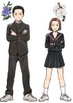  1boy 1girl ankle_socks black_hair black_jacket black_pants black_serafuku black_shirt black_skirt bob_cut brother_and_sister brown_eyes brown_hair coincoinco collarbone crossed_arms curtained_hair fingernails flower_request gakuran grin hair_ornament hairpin heart heart_hair_ornament jacket knee_blush legs_apart light_blush light_smile long_sleeves looking_at_viewer multiple_hairpins neckerchief pants parted_hair pleated_skirt red_neckerchief school_uniform serafuku shirt shoes short_hair siblings simple_background skirt smile sneakers socks standing straight-on tachibana_an tachibana_kippei tennis_no_ouji-sama v-shaped_eyebrows very_short_hair white_background white_shoes white_socks 