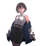  1girl artist_collaboration bang_dream! bang_dream!_it's_mygo!!!!! belt blue_jacket breasts brown_eyes collared_shirt commentary_request dress_shirt earrings grey_hair grey_skirt highres jacket jewelry kanade_(kanade_3344) looking_at_viewer medium_breasts off_shoulder open_clothes open_jacket open_mouth peke_(pekeiscat) shirt shirt_tucked_in short_hair simple_background single_earring skirt solo takamatsu_tomori white_background white_shirt yellow_belt 