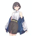  1girl a_whydc artist_collaboration bang_dream! bang_dream!_it's_mygo!!!!! belt blue_jacket breasts collared_shirt commentary_request dress_shirt earrings grey_hair grey_skirt highres indonesian_commentary jacket jewelry kanade_(kanade_3344) looking_at_viewer medium_breasts off_shoulder open_clothes open_jacket open_mouth pink_eyes shirt shirt_tucked_in short_hair simple_background single_earring skirt solo takamatsu_tomori white_background white_shirt yellow_belt 