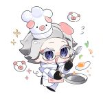  1boy animal_ears animal_hat aotsuki_eito apron black_gloves blue_eyes chibi chibi_only commentary cooking flying_sweatdrops fried_egg frying_pan glasses gloves grey_hair hat highres holding holding_frying_pan holding_spatula jacket kemonomimi_mode looking_up lunarsea404 male_focus pig pig_boy pig_ears pig_tail short_hair simple_background solo spatula sweatdrop tail the_hundred_line_-last_defense_academy- white_background white_jacket 