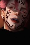 1boy black_shirt de_malyunok earrings extra_eyes facial_mark facial_tattoo hair_between_eyes highres itadori_yuuji jewelry jujutsu_kaisen lips looking_at_viewer male_focus nose open_mouth pink_hair portrait red_eyes ryoumen_sukuna_(jujutsu_kaisen) shirt short_hair smile solo spiked_hair tattoo teeth tongue tongue_out 