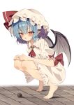  1girl absurdres ascot barefoot bat_wings blue_hair blush bow collared_shirt commentary_request frilled_shirt_collar frills green_brooch hat hat_ribbon highres looking_at_viewer mob_cap open_mouth pointy_ears red_ascot red_bow red_eyes remilia_scarlet ribbon seika_okawari shirt skirt sleeve_bow smile solo tiptoes toes touhou white_hat white_shirt white_skirt wings 