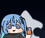  1girl :3 :d apple_inc. black_ribbon black_sweater blue_eyes blue_hair blurry blurry_background cellphone chibi chibi_only cosplay glasses grey-framed_eyewear hair_ribbon hand_up holding holding_phone hololive hoshimachi_suisei iphone iphone_17 jazz_jack logo_parody open_mouth phone real_life ribbon round_eyewear side_ponytail smartphone smile solo steve_jobs steve_jobs_(cosplay) sweater upper_body virtual_youtuber 
