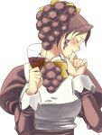  1girl alcohol apron archived_source blush breasts closed_eyes collared_apron cup drill_hair drill_sidelocks drinking_glass drunk facing_away food-themed_hair_ornament grape_(red)_(rainbow_herb_farm) grape_hair_ornament grape_ornament hair_ornament hand_on_own_chin high_collar holding holding_cup itsumo_nokoru juliet_sleeves large_breasts light_frown long_sleeves personification profile puffy_sleeves purple_hair purple_sash purple_sleeves rainbow_herb_farm sash sidelocks simple_background sleeve_cuffs solo twintails upper_body white_apron white_background white_sleeve_cuffs wine wine_glass wing_collar yellow_leaves 