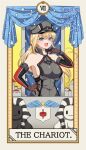  1girl anchor_ornament bismarck_(kancolle) breasts brown_gloves card_(medium) elbow_gloves gloves grey_hat hand_on_own_hip hat kantai_collection military_uniform peaked_cap sideboob smile solo sphinx tarot tarot_(medium) the_chariot_(tarot) upper_body yomogi_dango 