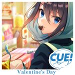  1girl bag black_hair blue_eyes blush box box_of_chocolates chocolate copyright_logo cue! eating english_text food from_behind green_hood green_jacket hood hood_up jacket long_sideburns long_sleeves looking_at_viewer official_art shelf shirako_miso shop shoulder_bag sideburns sidelocks solo takatori_maika tsurime upper_body valentine white_bag 