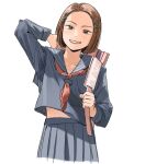  1girl arm_behind_head bag blue_serafuku blue_shirt blue_skirt blush bob_cut brown_eyes brown_hair clothes_lift coincoinco cropped_legs grin hair_ornament hairpin head_tilt highres holding holding_bag looking_at_viewer midriff_peek multiple_hairpins narrowed_eyes neckerchief parted_hair pink_bag pleated_skirt red_neckerchief sailor_collar school_uniform serafuku shirt shirt_lift short_hair shoulder_bag simple_background skirt smile solo straight-on tachibana_an tennis_no_ouji-sama white_background 