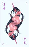  2girls animal_penis black_hair breasts card card_(medium) full_body futanari gigantic_penis highres horn_ornament horn_ring horns horse_penis medium_breasts medium_hair multiple_girls mutual_penetration nipple_piercing original penis piercing playing_card single_horn tailbox 
