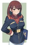 1girl belt blush breasts brown_eyes brown_hair gundam gundam_battle_universe gundam_lost_war_chronicles highres jacket large_breasts looking_at_viewer military military_jacket military_uniform noel_anderson pants short_hair solo titans_(gundam) upper_body yamany 