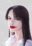  1girl black_hair commission expressionless highres lips lipstick long_hair looking_at_viewer makeup nose original pale_skin parted_lips portrait purple_eyes red_lips shirt simple_background smeared_lipstick solo songhee_guk upper_body white_shirt 