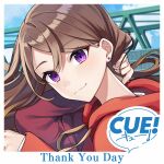  1girl akagawa_chisa arm_behind_head arm_up blush closed_mouth cloud copyright_logo cue! earrings english_text from_side head_tilt holding holding_own_hair hood hood_down hoodie jewelry long_sleeves looking_at_viewer official_art outdoors parted_bangs portrait purple_eyes red_hood red_hoodie shirako_miso sky smile solo thank_you tsurime 