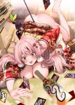  1girl blush braid breasts cardboard cleavage commentary_request green_eyes hagoita hair_ornament hane_(hanetsuki) indoors japanese_clothes karuta_(card_game) kimono large_breasts long_hair long_sleeves looking_at_viewer narushima_kanna open_mouth original paddle panties pink_hair pointy_ears red_kimono socks solo sweat teeth underwear upper_teeth_only white_panties white_socks wide_sleeves 