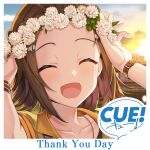  1girl :d ^_^ arms_up blush brown_hair brown_jacket building closed_eyes cloud collarbone collared_jacket copyright_logo cue! english_text evening flipped_hair flower head_wreath jacket jewelry leaf lips looking_at_viewer medium_hair myojin_rinne necklace official_art open_hand open_mouth outdoors parted_bangs portrait shirako_miso short_sleeves sky smile solo spread_fingers sunset thank_you watch white_flower wristwatch 