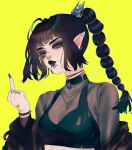  1girl alternate_costume baldur&#039;s_gate baldur&#039;s_gate_3 black_bra black_choker black_eyes black_hair black_jacket blunt_bangs bra bracelet choker crop_top cross cross_necklace dungeons_&amp;_dragons ear_piercing elf face_piercing green_background green_eyes hair_ornament hand_up high_ponytail highres jacket jacket_partially_removed jewelry lip_piercing looking_at_viewer middle_finger necklace piercing pointy_ears ponytail purple_eyes purple_lips purple_nails see-through_clothes see-through_shirt shadowheart_(baldur&#039;s_gate) shirt simple_background solo spiked_bracelet spikes split_ponytail underwear upper_body yiiande 