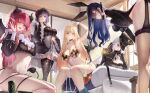  5girls animal_ear_hairband animal_ears arm_up barbell_piercing bikini black_bikini black_dress black_leotard black_panties blonde_hair blue_hair blush breasts cleavage closed_mouth commentary_request cosplay crop_top demon_horns demon_tail demon_wings dress ear_piercing fake_animal_ears fake_horns fake_nails fake_pointy_ears fake_wings floral_print_bikini frilled_panties frilled_shirt frills gainoob gyaru hairband highres horn_scrunchie horns indoors industrial_piercing izayoi_arisa izayoi_arisa_(cosplay) kitagawa_marin kuroe_shizuku kuroe_shizuku_(cosplay) lace_garter_straps large_breasts leotard long_hair looking_at_viewer multiple_girls multiple_persona navel one_eye_closed open_mouth panties piercing playboy_bunny pointy_ears purple_hair rabbit_ear_hairband rabbit_ears red_eyes red_hair rizu-kyun rizu-kyun_(cosplay) shirt smile sono_bisque_doll_wa_koi_wo_suru swimsuit tail tailcoat_playboy_bunny thighs twintails underwear w white_hair wings 