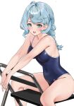  1girl ahoge blue_eyes blue_hair blue_one-piece_swimsuit braid breasts chair competition_school_swimsuit feet_out_of_frame folding_chair highres long_hair looking_at_viewer matrix16 medium_breasts one-piece_swimsuit school_swimsuit seed_(zenless_zone_zero) simple_background single_braid sitting sitting_backwards solo swimsuit white_background zenless_zone_zero 