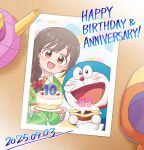  1boy 1girl anniversary birthday_cake blush brown_hair cake crossover doraemon doraemon_(character) dorayaki food highres idolmaster idolmaster_cinderella_girls idolmaster_cinderella_girls_starlight_stage long_hair looking_at_viewer open_mouth red_eyes robot senkawa_chihiro tetrodoo wagashi 