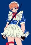  1girl absurdres alternate_costume antenna_hair apron arms_at_sides black_gloves blue_background blue_eyes breasts busujima_mason_rio camouflage camouflage_dress choppy_bangs clenched_hand closed_mouth clothing_request collarbone cowboy_shot dot_mouth dot_nose dress enmaided expressionless fingerless_gloves frilled_apron frills gloves gun gun_on_back highres hypnosis_mic leg_ribbon light_blush looking_at_viewer maid maid_apron maid_headdress medium_breasts neck_ribbon orange_hair petticoat puffy_short_sleeves puffy_sleeves red_ribbon ribbon sakuranbo291 shiny_skin short_dress short_hair short_sleeves sideburns simple_background sleeve_cuffs solo standing thigh_ribbon very_short_hair weapon weapon_on_back white_apron 