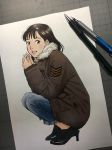  1girl bangs brown_eyes brown_hair coat from_side full_body high_heels highres ink_(medium) inokuma_yawara lips looking_at_viewer photo smile solo squatting traditional_media urasawa_naoki watercolor_pencil_(medium) yawara_a_fashionable_judo_girl 